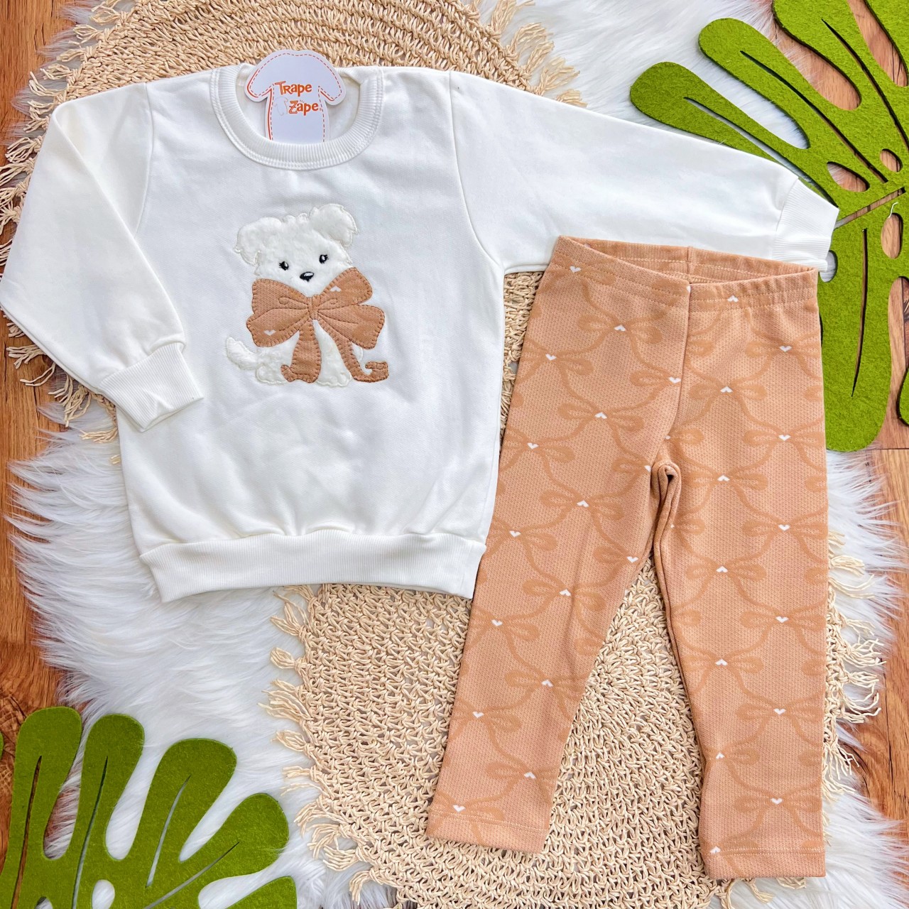 Conj. Casaco de Moletom Cachorrinho com Laço e Calça Legging - Off White